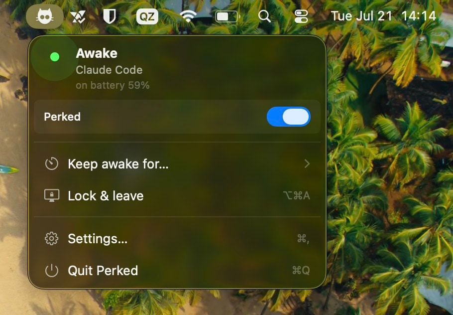 The Perked menu-bar panel: Awake, keeping the Mac up for Claude Code on battery, with a toggle and Lock & leave.